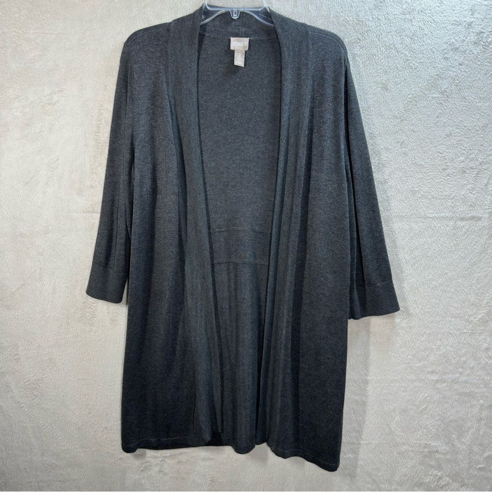 Chico’s Open Front Long Cardigan‎ Lightweight 3/4 Sleeve Gray Women’s L (2)